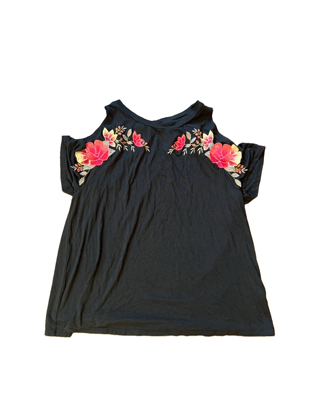 American Eagle Outfitters Black Cold-Shoulder Top with Pink Floral Embroidery
